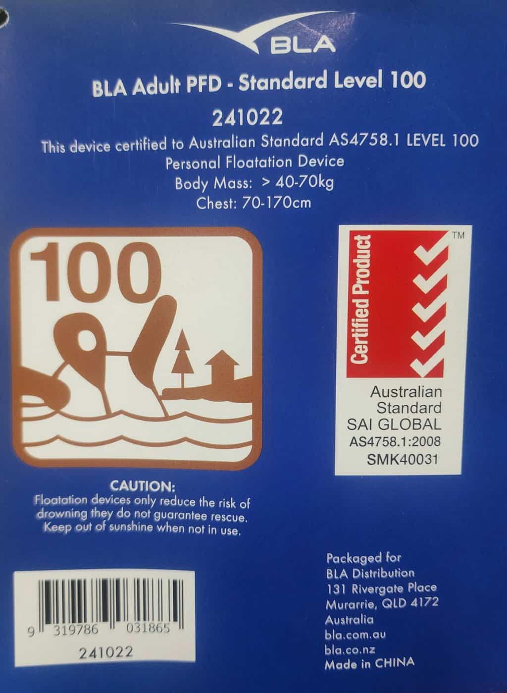 Adult PFD Label BLA 241022