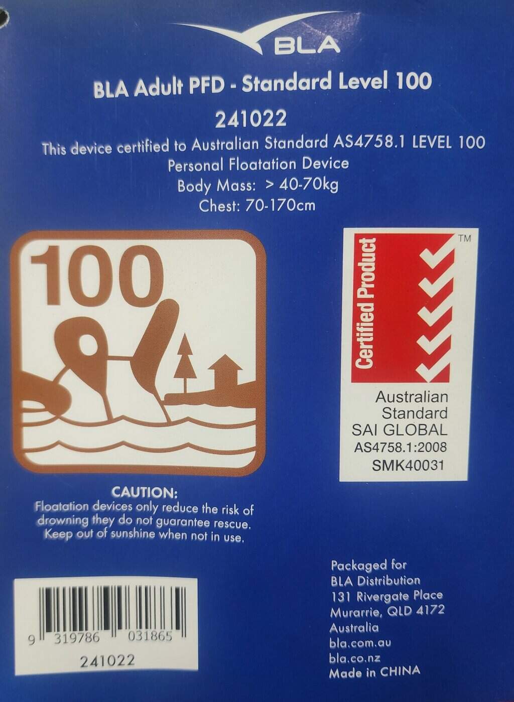 Adult PFD Label BLA 241022