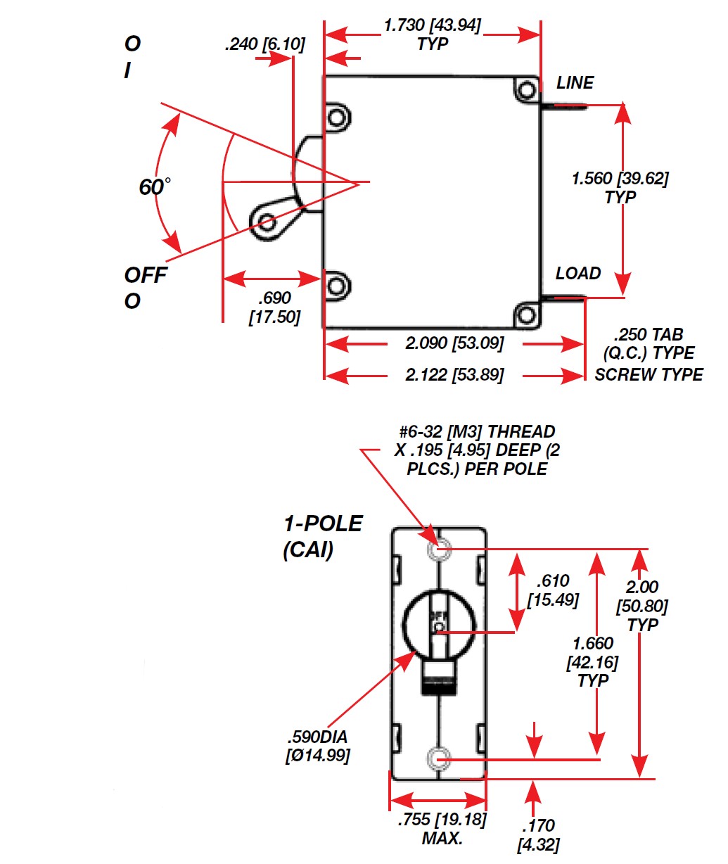 BEP Circuit Breaker Magnetic B Series Dimensions