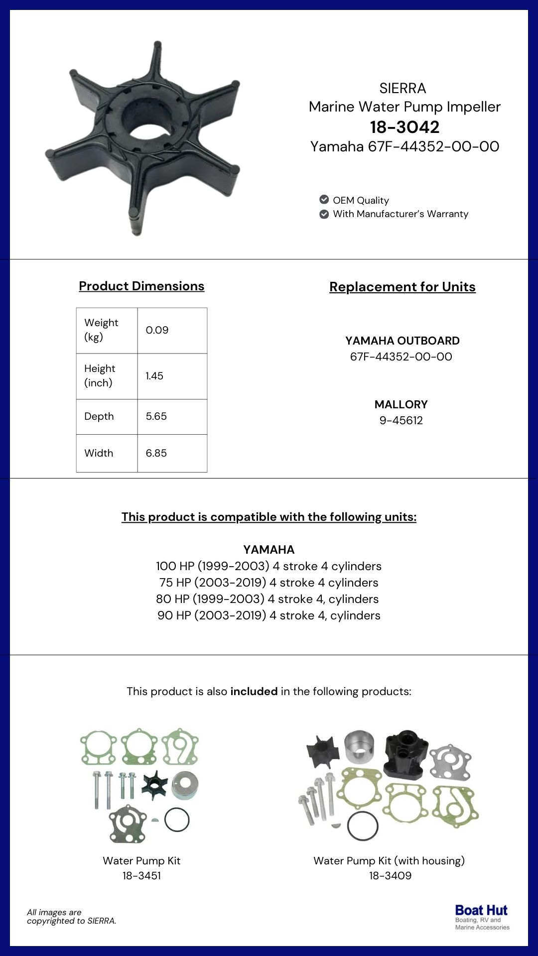 SIERRA Water Pump Impeller / 18-3042 / Yamaha 67F-44352-00-00