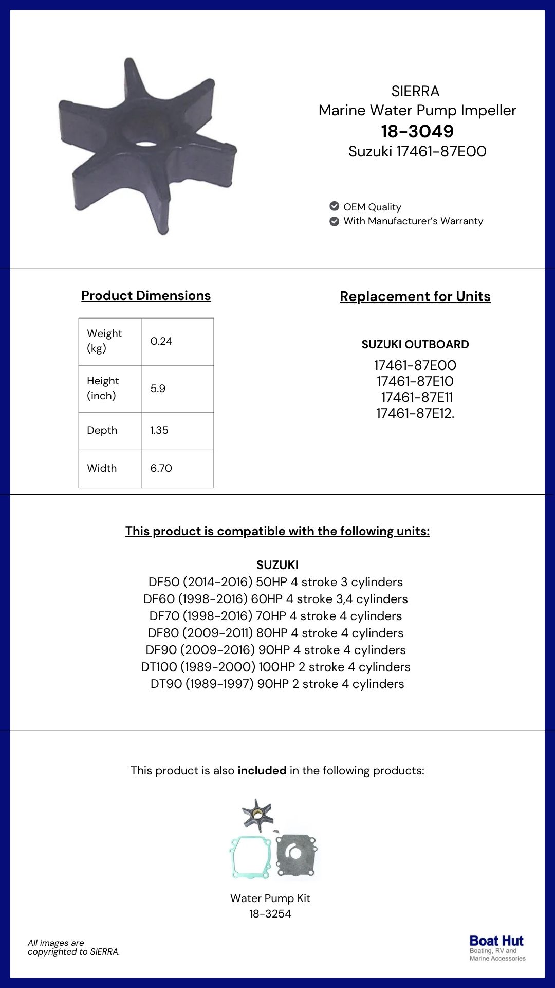 SIERRA Water Pump Impeller / 18-3049 / Suzuki 17461-87E00