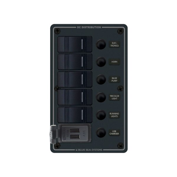 BLUE SEA Contura Circuit Breaker Switch Panel with USB Charger - 5 Position Black / BS-8521