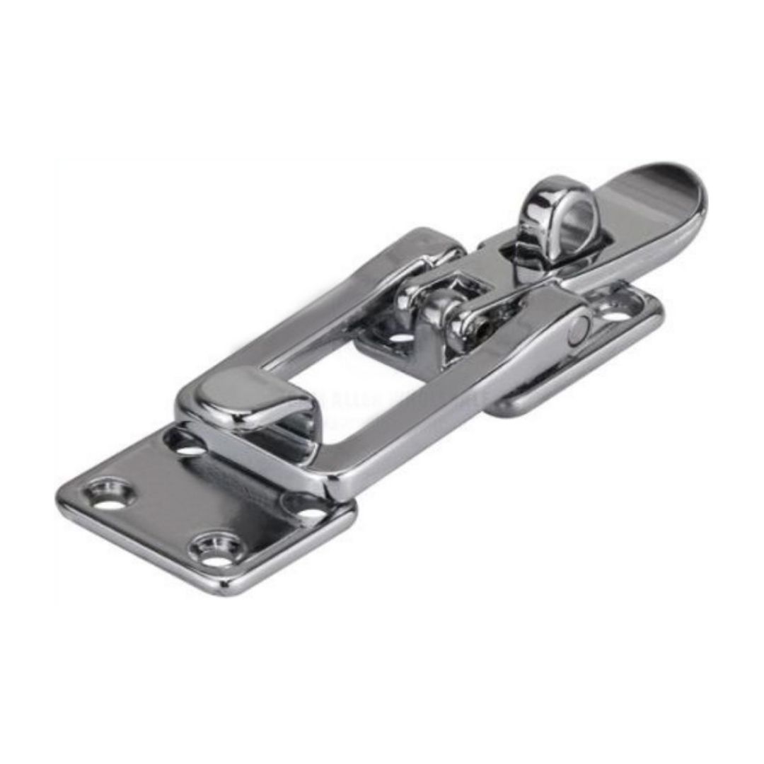 Chrome Plated Brass Hatch Fastener, 90° Padlock Eye 102 x 30mm, Flat Mount (a)