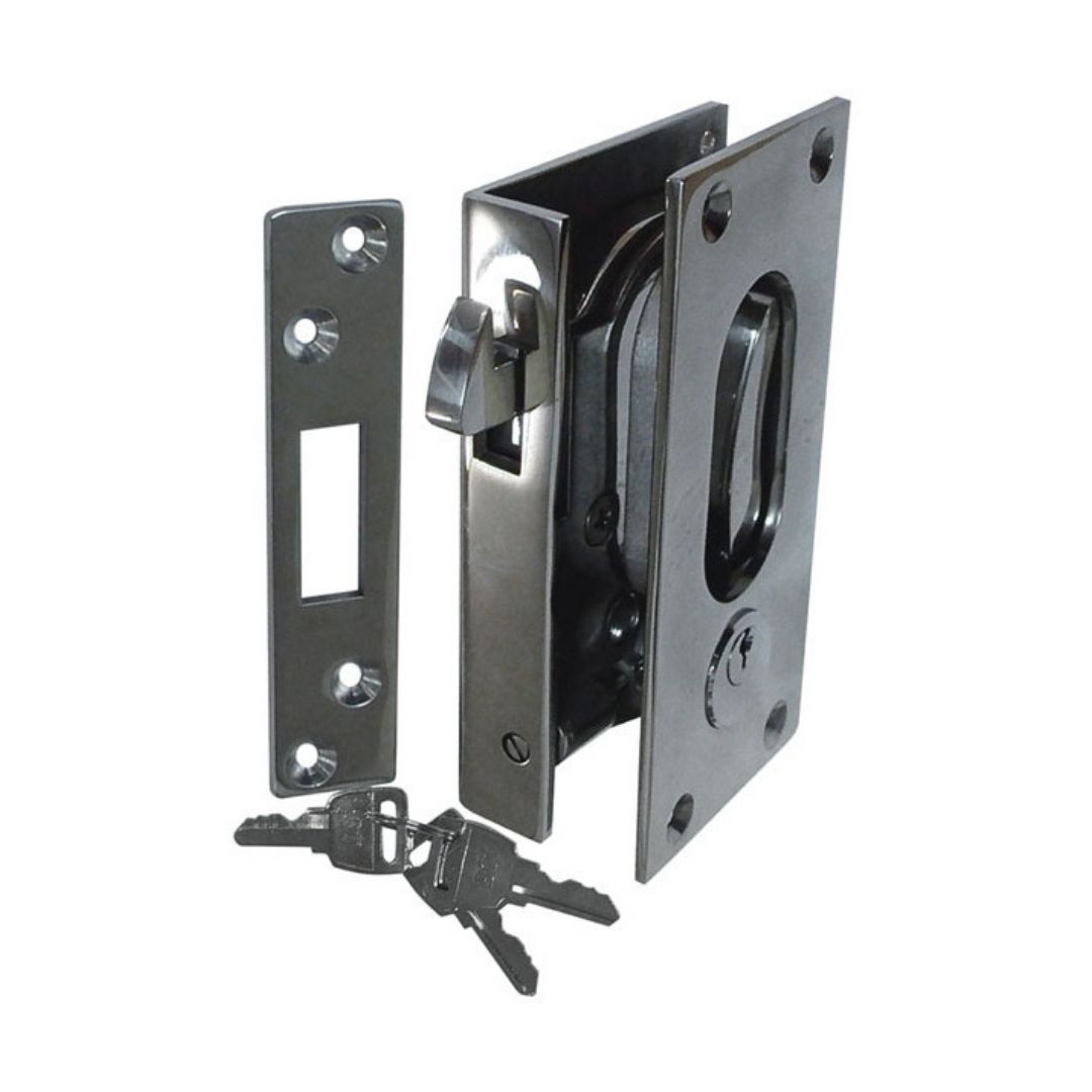 Mortise Sliding Door Lock, 316G Stainless Steel, Lockable In/Out (a)