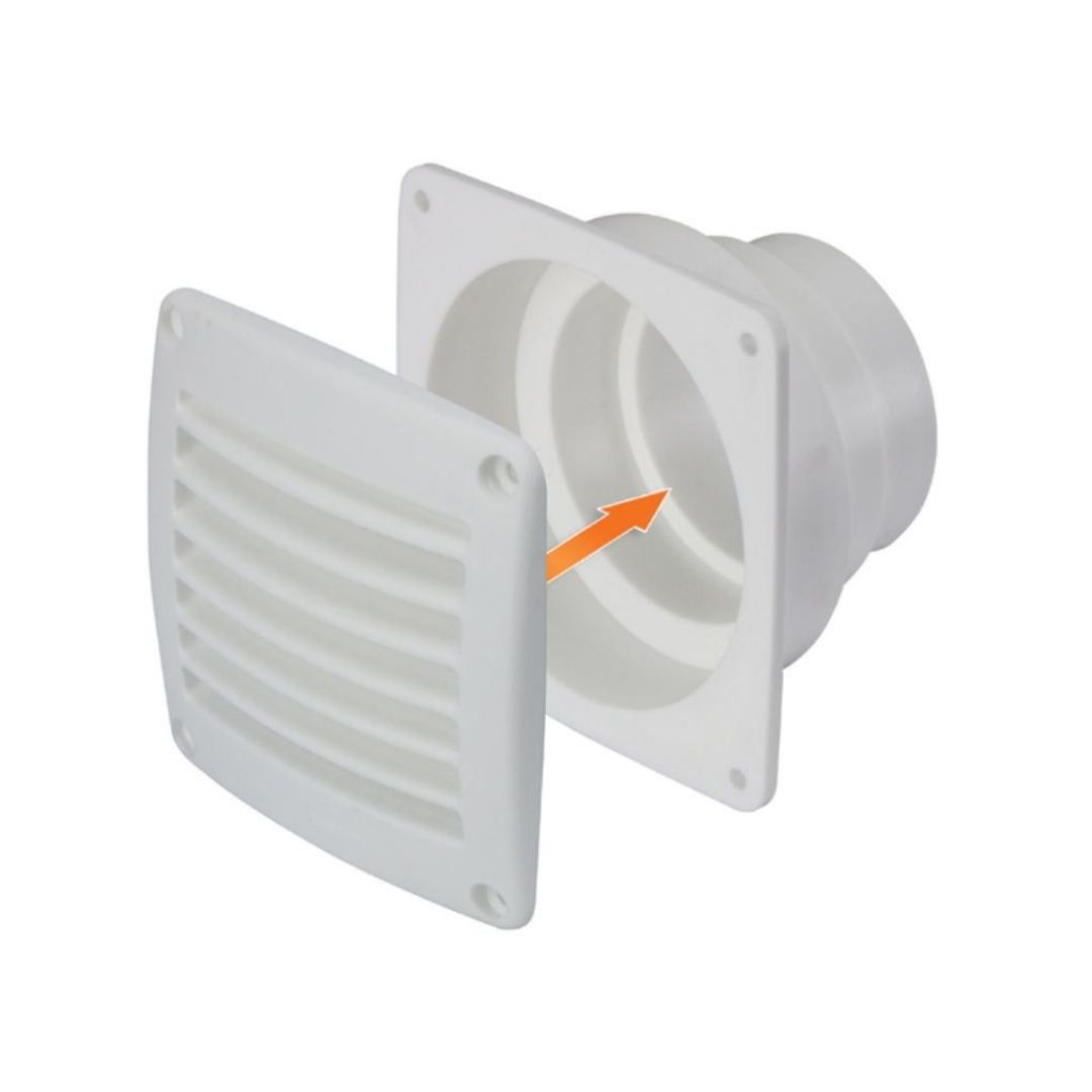 Square Flange Air Vent Louvre w/ Stepped Tail suits 70-102mm ID Hose, White
