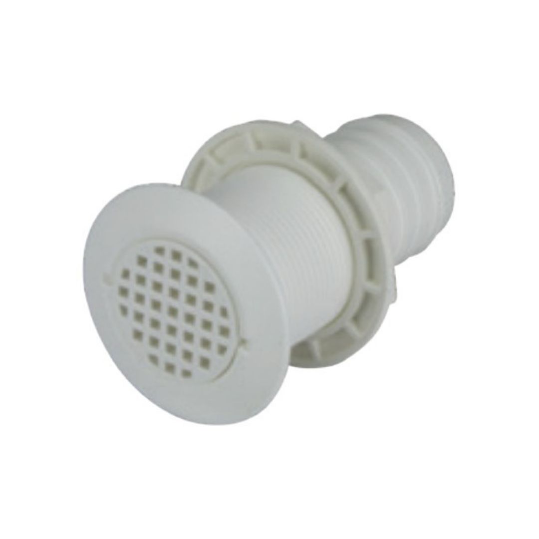 Skin Fitting, White Nylon Straight w Strainer & Tail for 1-1/2" ID (b)