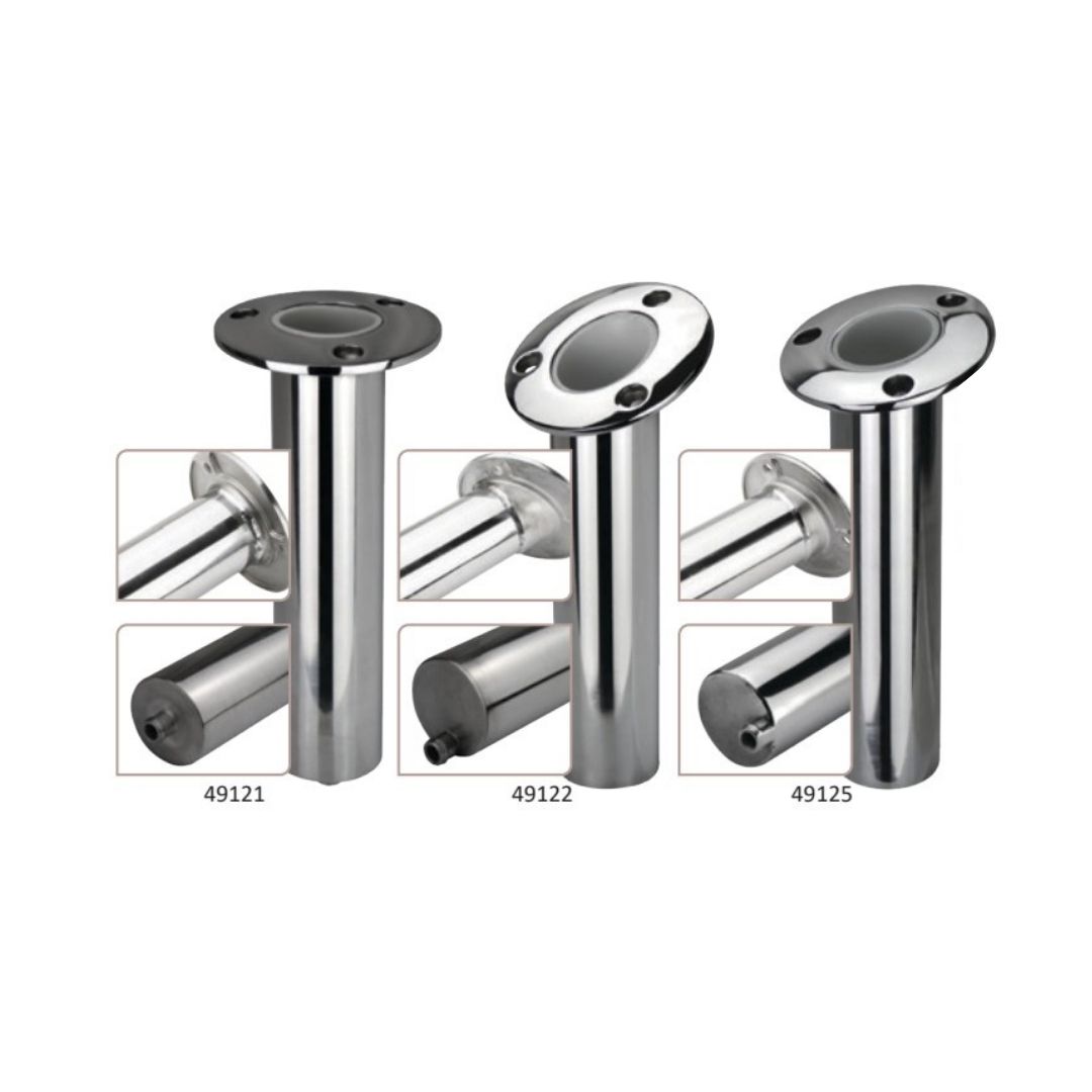 Rod Holders, Straight & Angled Tube w/ Drain, SS Cast Round Top Mount