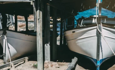 Boats stored in a storage shed.