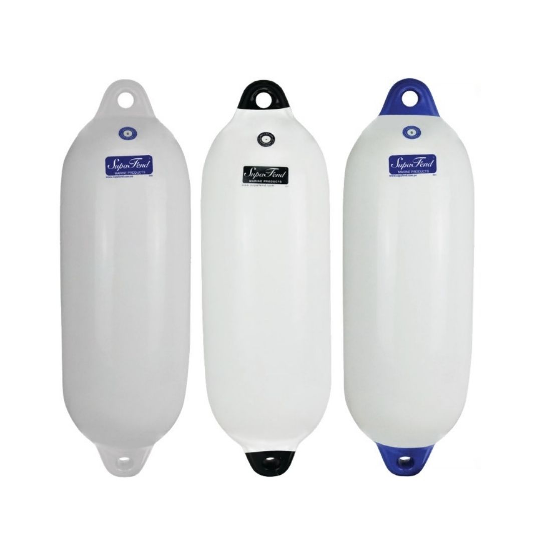 SUPAFEND PVC Boat Fenders, Small-Medium-Large-XL, White Fender, Blue/Black Tip (a)